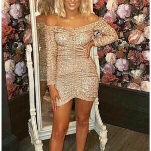 ZARA Limited Edition Draped Sequin Mini Dress Off The Shoulder Long Sleeve
